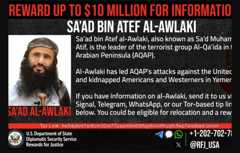 U.S. Increases Reward for Information on Yemen-Based Al-Qaeda Leader